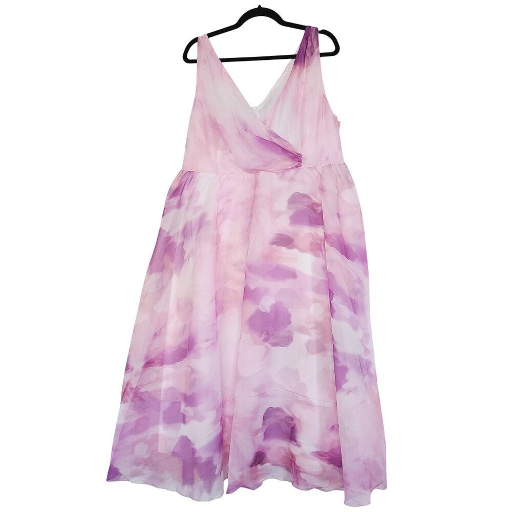 Floral Midi Fit Flare Empire Waist Dress Pink & Purple V-Neck Sleeveless 2XL NWT
